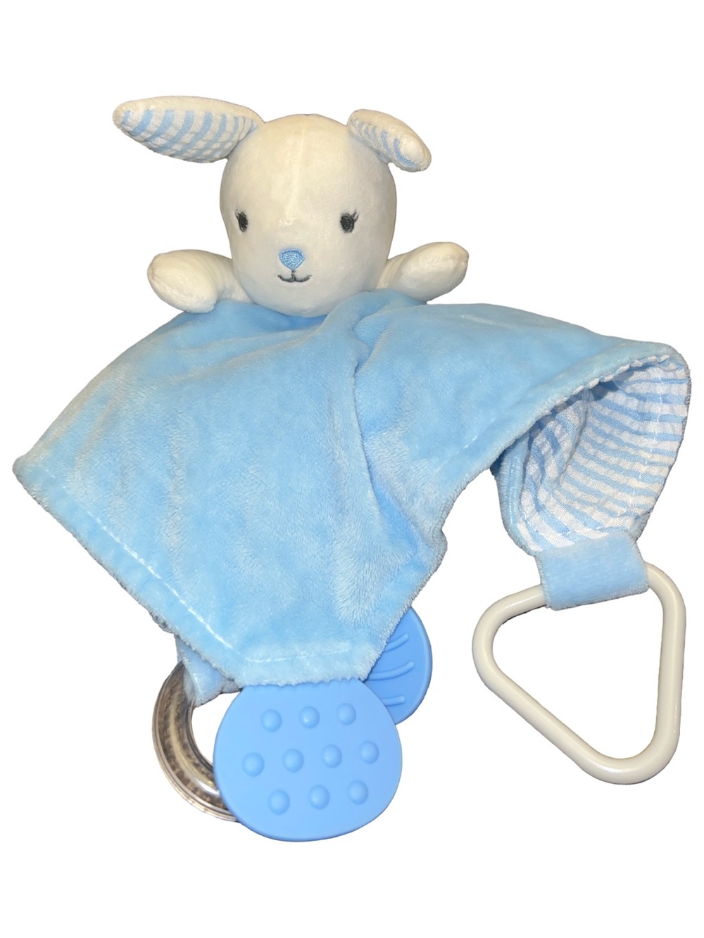 Modern Baby Bunny Rabbit Security Blanket Lovey Blue White Stripes Plush Teether